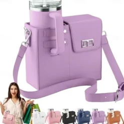 Crossbody Cup Holder Bag with Purse, Portable Water Bottle Carrier for 40oz Tumbler, Outdoor Travel Cup Bag with Strap and Pouch
