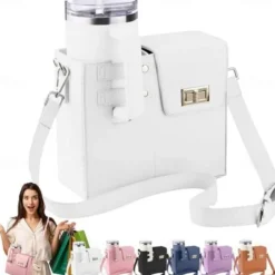 Crossbody Cup Holder Bag with Purse, Portable Water Bottle Carrier for 40oz Tumbler, Outdoor Travel Cup Bag with Strap and Pouch