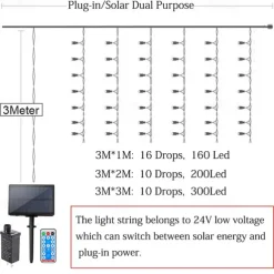Curtain String Lights 3x1M 3x2M 3Mx3M Curtain Lights 24V Low Voltage Remote Control Solar Power Plug-in Dual Purpose String Light Thanksgiving Christmas Outdoor Party Garden Decoration Fairy Lights Gypsophila 1 set