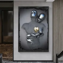 3D Wall Art Love Heart Prints/Posters Metal Sculpture Couple Hug Modern Picture Home Decoration Wall Hanging Gift Rolled Canvas Unframed Unstretched