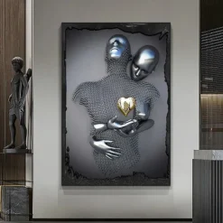3D Wall Art Love Heart Prints/Posters Metal Sculpture Couple Hug Modern Picture Home Decoration Wall Hanging Gift Rolled Canvas Unframed Unstretched