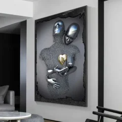 3D Wall Art Love Heart Prints/Posters Metal Sculpture Couple Hug Modern Picture Home Decoration Wall Hanging Gift Rolled Canvas Unframed Unstretched