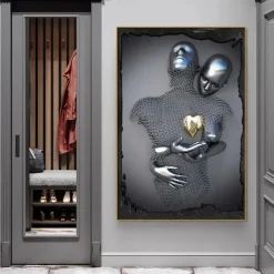 3D Wall Art Love Heart Prints/Posters Metal Sculpture Couple Hug Modern Picture Home Decoration Wall Hanging Gift Rolled Canvas Unframed Unstretched