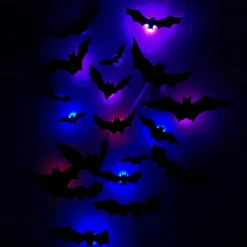 3D Bat Design LED Decoration, Halloween Lighted Stickers Decor Light, Halloween Bats Wall Decor, Lighted 3D Bat Stickers Assorted Size for Party, Indoor and Outdoor Home Decals
