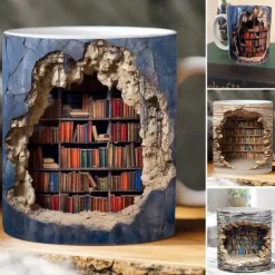3D Bookshelf Mug, Ceramic Mug,Library Bookshelves Hole In A Wall Mug,Book Lovers Coffee Mug, Cool Bookish Gifts for Readers Christmas Xmas Gift