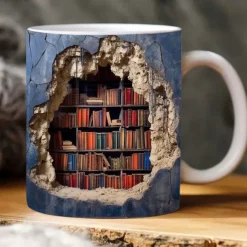 3D Bookshelf Mug, Ceramic Mug,Library Bookshelves Hole In A Wall Mug,Book Lovers Coffee Mug, Cool Bookish Gifts for Readers Christmas Xmas Gift