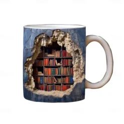 3D Bookshelf Mug, Ceramic Mug,Library Bookshelves Hole In A Wall Mug,Book Lovers Coffee Mug, Cool Bookish Gifts for Readers Christmas Xmas Gift