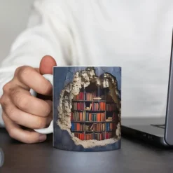 3D Bookshelf Mug, Ceramic Mug,Library Bookshelves Hole In A Wall Mug,Book Lovers Coffee Mug, Cool Bookish Gifts for Readers Christmas Xmas Gift