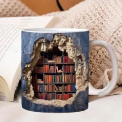 3D Bookshelf Mug, Ceramic Mug,Library Bookshelves Hole In A Wall Mug,Book Lovers Coffee Mug, Cool Bookish Gifts for Readers Christmas Xmas Gift