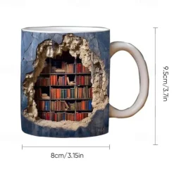 3D Bookshelf Mug, Ceramic Mug,Library Bookshelves Hole In A Wall Mug,Book Lovers Coffee Mug, Cool Bookish Gifts for Readers Christmas Xmas Gift