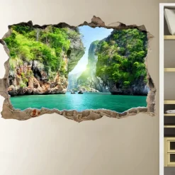 3D Broken Wall Natural Canyon Lake Home Corridor Background Decoration Can Be Removed Stickers
