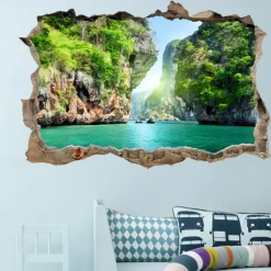 3D Broken Wall Natural Canyon Lake Home Corridor Background Decoration Can Be Removed Stickers