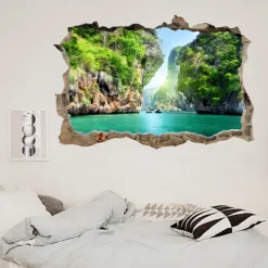 3D Broken Wall Natural Canyon Lake Home Corridor Background Decoration Can Be Removed Stickers