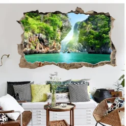 3D Broken Wall Natural Canyon Lake Home Corridor Background Decoration Can Be Removed Stickers