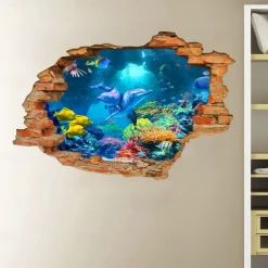 3D Broken Wall Undersea World Dolphin Home Children's Room Background Decoration Removable Stickers Wall Decor Stickers for bedroom living room