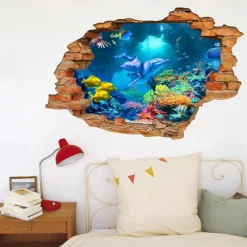 3D Broken Wall Undersea World Dolphin Home Children's Room Background Decoration Removable Stickers Wall Decor Stickers for bedroom living room