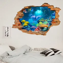 3D Broken Wall Undersea World Dolphin Home Children's Room Background Decoration Removable Stickers Wall Decor Stickers for bedroom living room