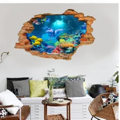 3D Broken Wall Undersea World Dolphin Home Children's Room Background Decoration Removable Stickers Wall Decor Stickers for bedroom living room