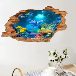 3D Broken Wall Undersea World Dolphin Home Children's Room Background Decoration Removable Stickers Wall Decor Stickers for bedroom living room