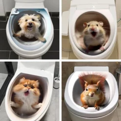 3D Cat Puppy Animal Bathroom Toilet Sticker, Home Decoration Wall Sticker, Self-adhesive Waterproof and Oil Proof Sticker