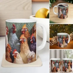 3D Chicken Flowers Mug, 11oz Mug Design, 3D Farm Mug Sublimation, Chicken Mug Wrap, Rooster Floral Mug