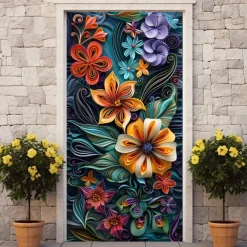 3D Floral Door Covers Mural Decor Door Tapestry Door Curtain Decoration Backdrop Door Banner Removable for Front Door Indoor Outdoor Home Room Decoration Farmhouse Decor Supplies