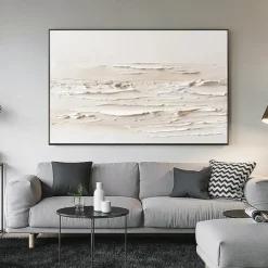 3D Framed Hand painted Textured Wall Art White Minimalist Painting on Canvas WabiSabi Trendy Home Decor Living Room Wall Art Modern Painting Readying to Hanging