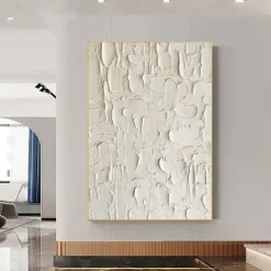 3D Framed Hand painted Textured Wall Art White Minimalist Painting on Canvas WabiSabi Trendy Home Decor Living Room Wall Art Modern Painting Readying to Hanging