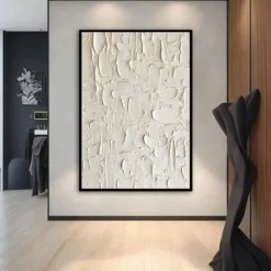 3D Framed Hand painted Textured Wall Art White Minimalist Painting on Canvas WabiSabi Trendy Home Decor Living Room Wall Art Modern Painting Readying to Hanging
