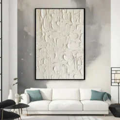 3D Framed Hand painted Textured Wall Art White Minimalist Painting on Canvas WabiSabi Trendy Home Decor Living Room Wall Art Modern Painting Readying to Hanging