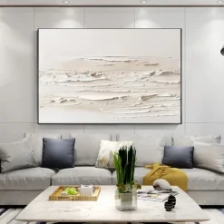 3D Framed Hand painted Textured Wall Art White Minimalist Painting on Canvas WabiSabi Trendy Home Decor Living Room Wall Art Modern Painting Readying to Hanging