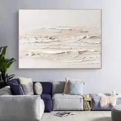 3D Framed Hand painted Textured Wall Art White Minimalist Painting on Canvas WabiSabi Trendy Home Decor Living Room Wall Art Modern Painting Readying to Hanging