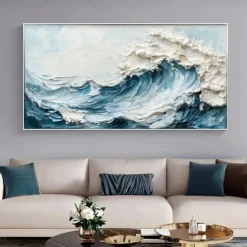 3D Framed Ocean Wave Oil Painting hand painted Blue Ocean Oil Painting On Canvas handmade Abstract Nature Blue Sea Textured painting Wall Art Minimalist Large Wall Art painting for Living Room Decora