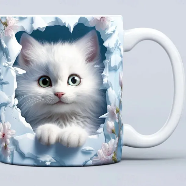 3D Kittens Hole In A Wall Mug, 3D White Cat Mug 3D Novelty Cat Mugs Cat Lovers Coffee Mug Cat Club Cup White Ceramic Mug Gifts For Men Women