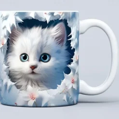3D Kittens Hole In A Wall Mug, 3D White Cat Mug 3D Novelty Cat Mugs Cat Lovers Coffee Mug Cat Club Cup White Ceramic Mug Gifts For Men Women