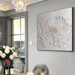 3D Large hand painted White Flower Oil Painting On Canvas handmade Acrylic Painting handmade Heavy Textured Painting Abstract Landscape oil painting Wall Art Floral Wall Decor painting