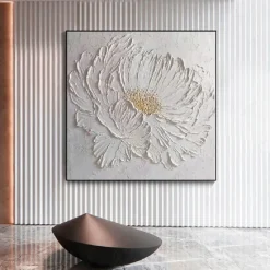3D Large hand painted White Flower Oil Painting On Canvas handmade Acrylic Painting handmade Heavy Textured Painting Abstract Landscape oil painting Wall Art Floral Wall Decor painting
