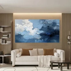 3D oil painting Hand-Painted Thick Texture Sky Petal Oil Painting Beige Blue Skyline Painting On Canvas Abstract Textured oil painting for Wall Art Living Room