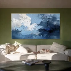 3D oil painting Hand-Painted Thick Texture Sky Petal Oil Painting Beige Blue Skyline Painting On Canvas Abstract Textured oil painting for Wall Art Living Room