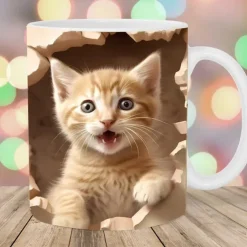 3D Print Kittens Hole In A Wall Mug, Ceramic Coffee Cat Mug 3D Novelty Cat Mugs Cat Lovers Coffee Mug Cat Club Cup White Ceramic Mug Gifts For Men Women
