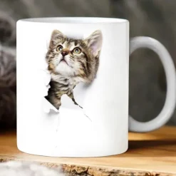 3D Print Kittens Hole In A Wall Mug, Ceramic Coffee Cat Mug 3D Novelty Cat Mugs Cat Lovers Coffee Mug Cat Club Cup White Ceramic Mug Gifts For Men Women