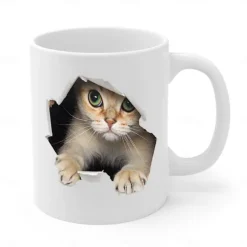 3D Print Kittens Hole In A Wall Mug, Ceramic Coffee Cat Mug 3D Novelty Cat Mugs Cat Lovers Coffee Mug Cat Club Cup White Ceramic Mug Gifts For Men Women