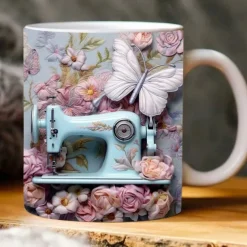 3D Sewing Mug, 3D Floral Sewing Machine, 3D Sewing Machine Mug, Ceramic Coffee Mug, 3D Coffee Mug Wrap, Sewing Gift for Women, Christmas Gift Xmas Gift