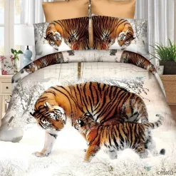3D Tiger Print Duvet Cover Queen King Size Bedding Sets Comforter Cover with 1 Duvet Cover or Coverlet，1Sheet，2 Pillowcases for Double/Queen/King(1 Pillowcase for Twin/Single)