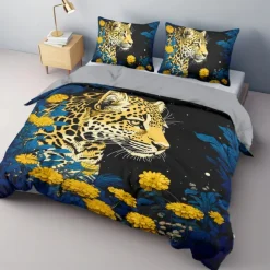 3D Tiger Print Duvet Cover Queen King Size Bedding Sets Comforter Cover with 1 Duvet Cover or Coverlet，1Sheet，2 Pillowcases for Double/Queen/King(1 Pillowcase for Twin/Single)