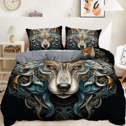 3D Wolf Print Duvet Cover Bedding Sets Comforter Cover with 1 Duvet Cover or Coverlet，1Sheet，2 Pillowcases for Double/Queen/King(1 Pillowcase for Twin/Single)