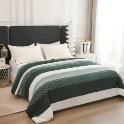 Dark Emerald Green Bed Quilt Forest Bedding Double Color Block Stripe Vintage Bed