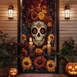 Day of the Dead Banners Door Cover Outdoor Banners Skeleton Marigold Psychedelic Dark Punk Gothic Style Party Outdoor Shooting Backgrounds Front Door Wall Porch Decorations Wall Door Background