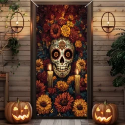 Day of the Dead Banners Door Cover Outdoor Banners Skeleton Marigold Psychedelic Dark Punk Gothic Style Party Outdoor Shooting Backgrounds Front Door Wall Porch Decorations Wall Door Background