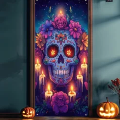 Day of the Dead Banners Door Cover Outdoor Banners Skeleton Marigold Psychedelic Dark Punk Gothic Style Party Outdoor Shooting Backgrounds Front Door Wall Porch Decorations Wall Door Background